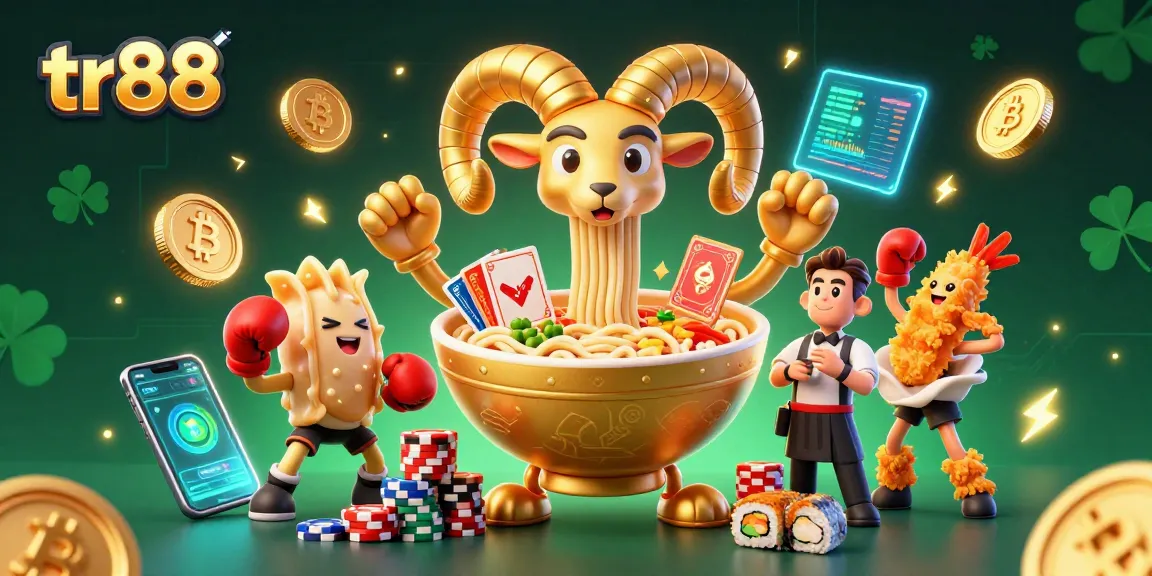 Join the tr88 action with a cartoon ramen bowl dealer, chips, and crypto elements in a vibrant casino scene.