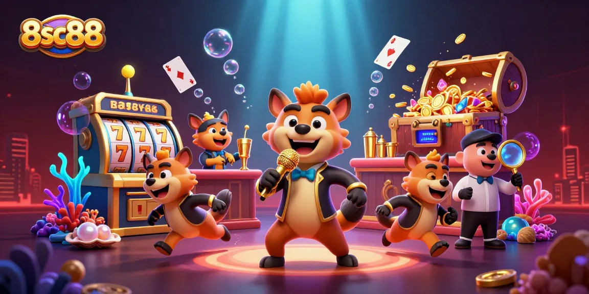 Engage with 8sc88's lively casino experience featuring cartoon hyenas in a vibrant setup.