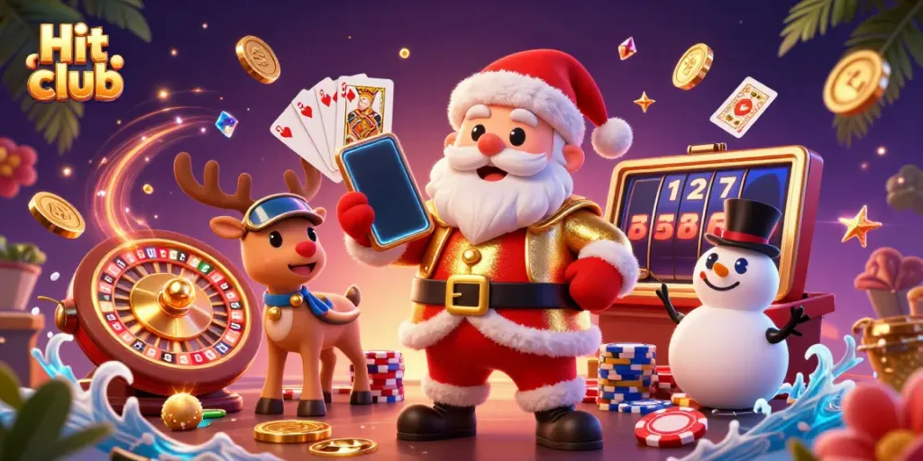 Engage with the Hit club's vibrant casino scene featuring Santa Claus and friends in action.