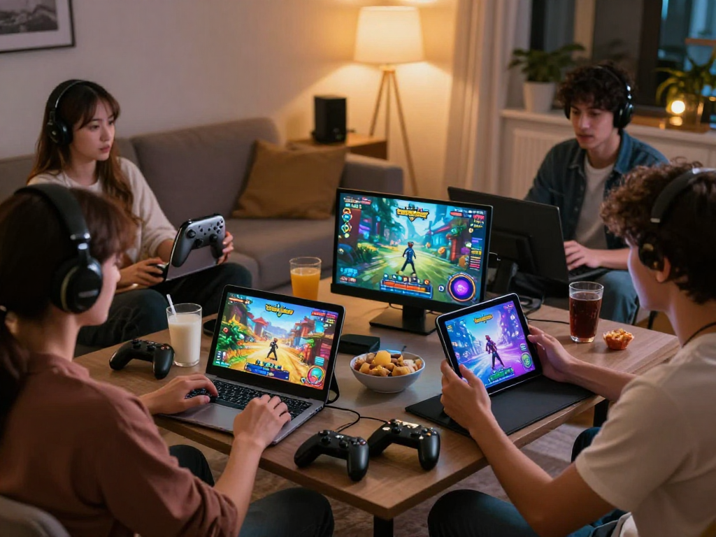 Enjoying a cozy gaming night as friends play porn games on various devices.