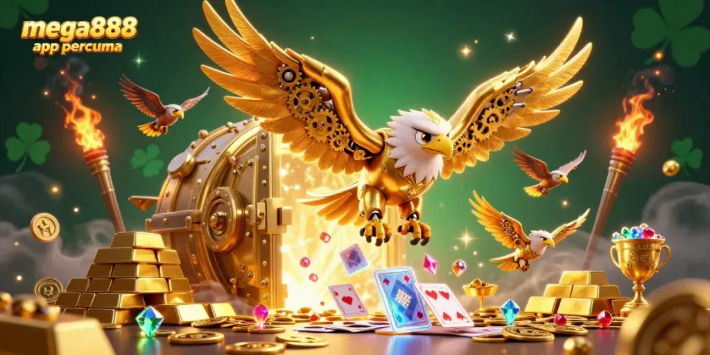 Experience adventure with the mega888 app percuma amidst vibrant casino-themed illustrations.