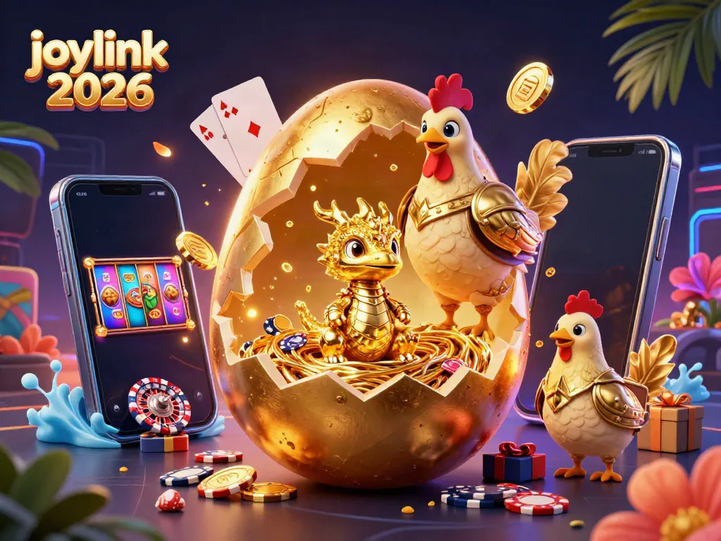 Experience joylink 2026 with a dazzling golden dragon amidst poker chips and slot games.