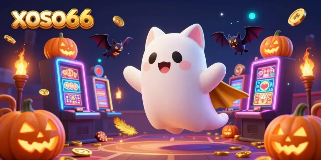 Experience the thrill of xoso66 with a ghost cat and vampire bat in a lively casino scene.