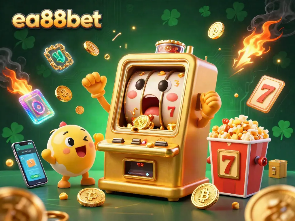 Spin and win with the ea88bet golden slot machine in a vibrant casino scene filled with Bitcoin and Ethereum.