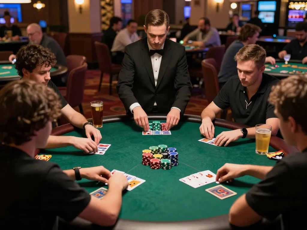 Engaged players at SC88 poker table strategizing their bets in a lively casino environment.