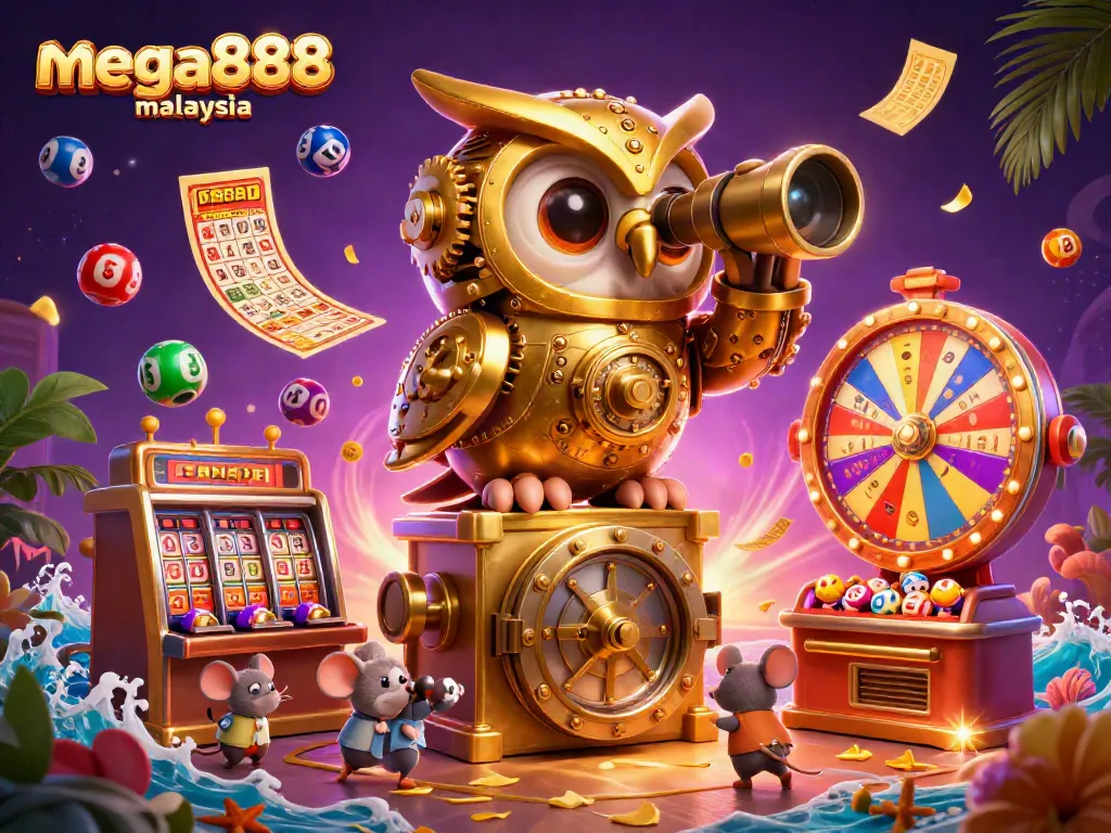 Experience the thrill of mega888 malaysia with a dynamic casino scene featuring colorful lottery elements.