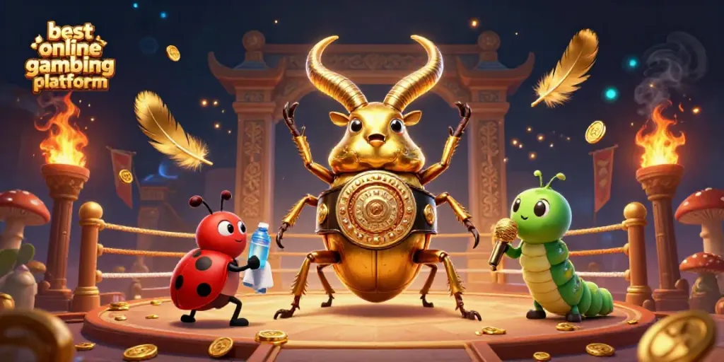 Engage with the best online gambling platform featuring a dynamic 3D illustration of a boxing stag beetle, bets, and vibrant casino elements.