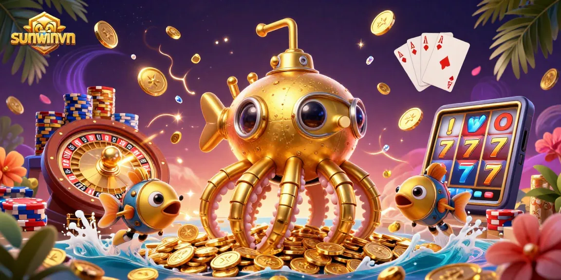 Experience the thrilling world of sunwinvn with a rich 3D casino scene featuring golden kraken and jackpot elements.