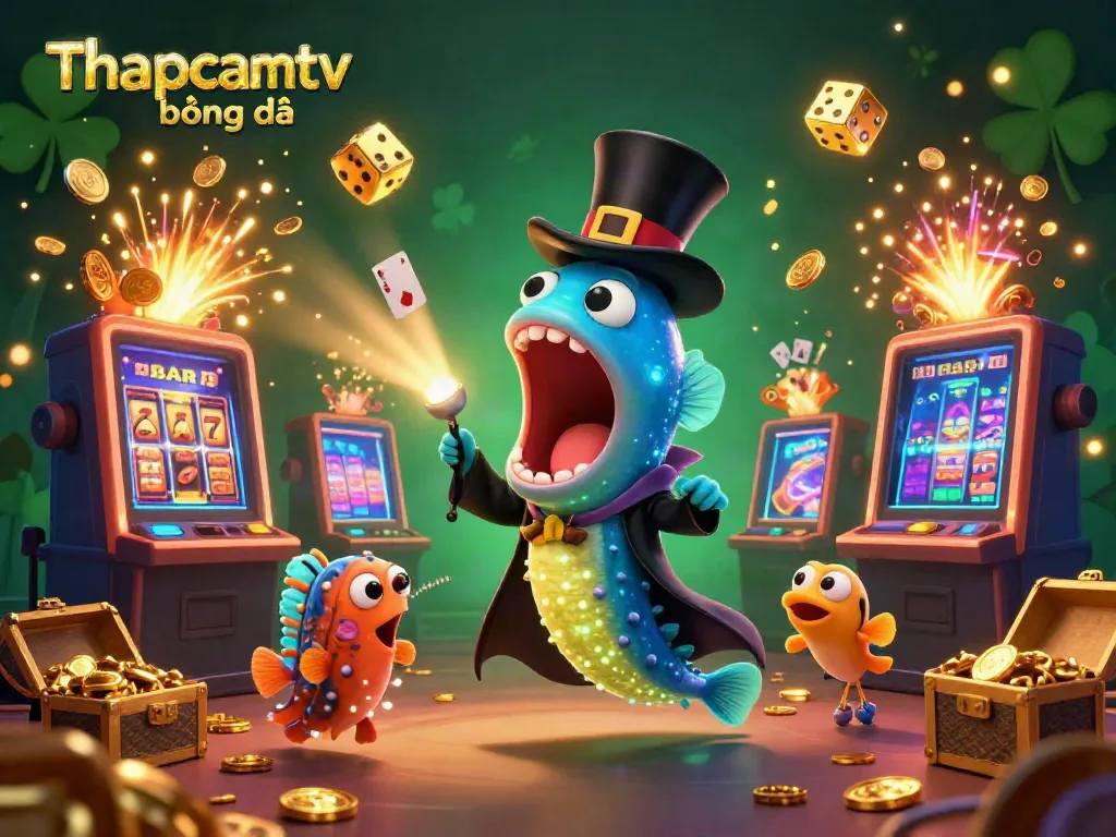 A vibrant 3D cartoon scene featuring Thapcamtv bóng đá with characters performing magic amid dazzling casino visuals.
