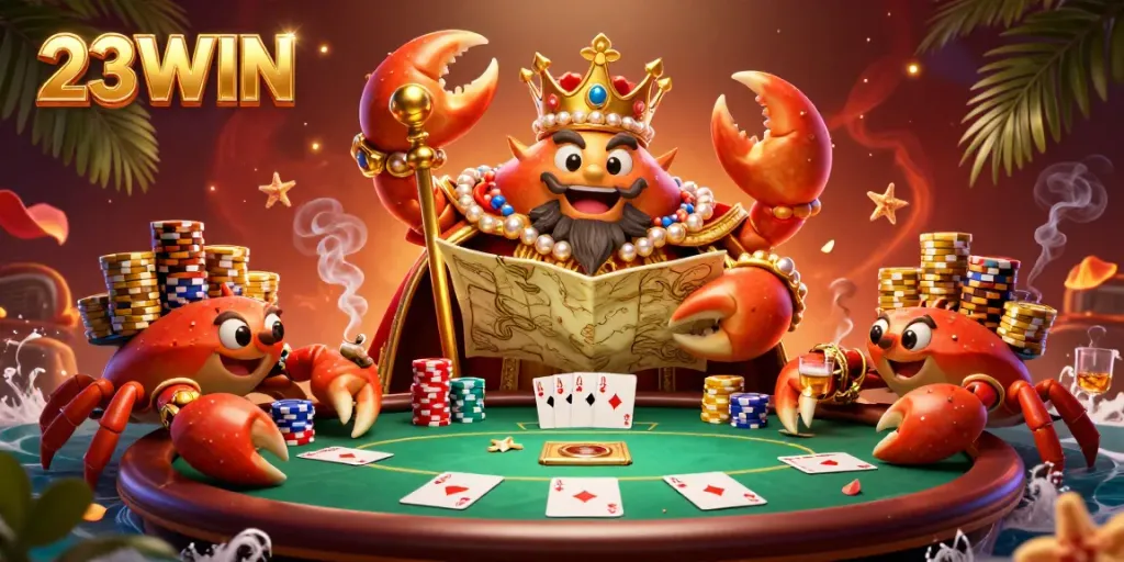 Engage with 23WIN's vibrant 3D casino scene featuring a crab emperor and poker elements.