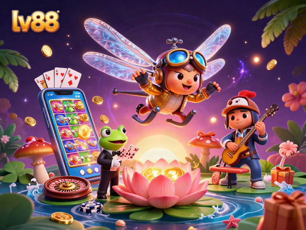 Experience high-stakes gaming with lv88 at the vibrant lily pad casino featuring lively characters and casino elements.
