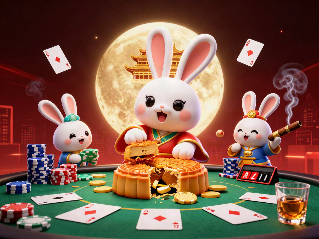 Experience the exciting lc88 app with a whimsical moon rabbit cracking open mooncakes revealing poker chips.
