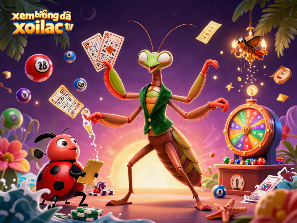 xem bóng đá xoilac tv features a vibrant 3D cartoon scene with dynamic lottery elements and engaging characters.