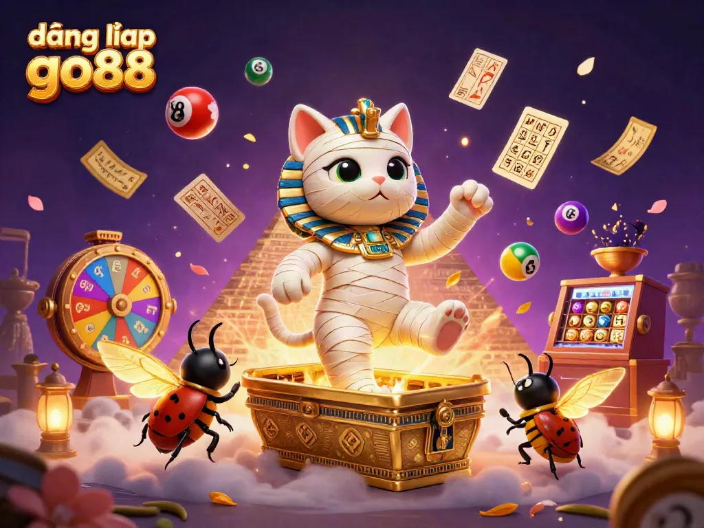 Engage in the excitement of đăng nhập go88 as a 3D mummy cat bursts from a casino sarcophagus, showcasing vibrant lottery elements.