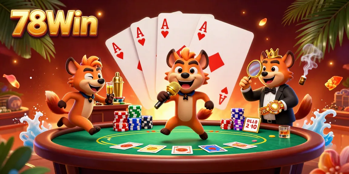 Experience the vibrant comedy of 78Win in this casino illustration featuring hyenas and poker elements.
