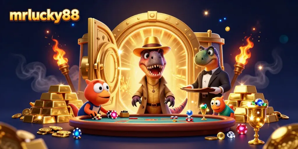 Experience the excitement at mrlucky88, featuring a velociraptor card counter at a blackjack table.