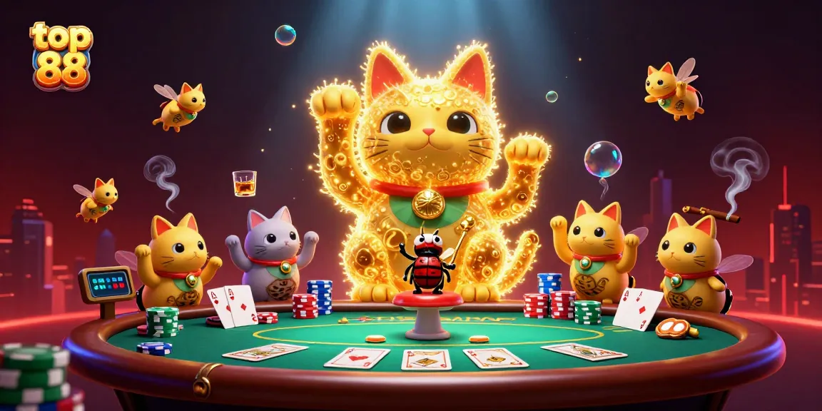Engage in thrilling gameplay at top 88 with a dynamic illustration showcasing a lucky cat and poker elements.