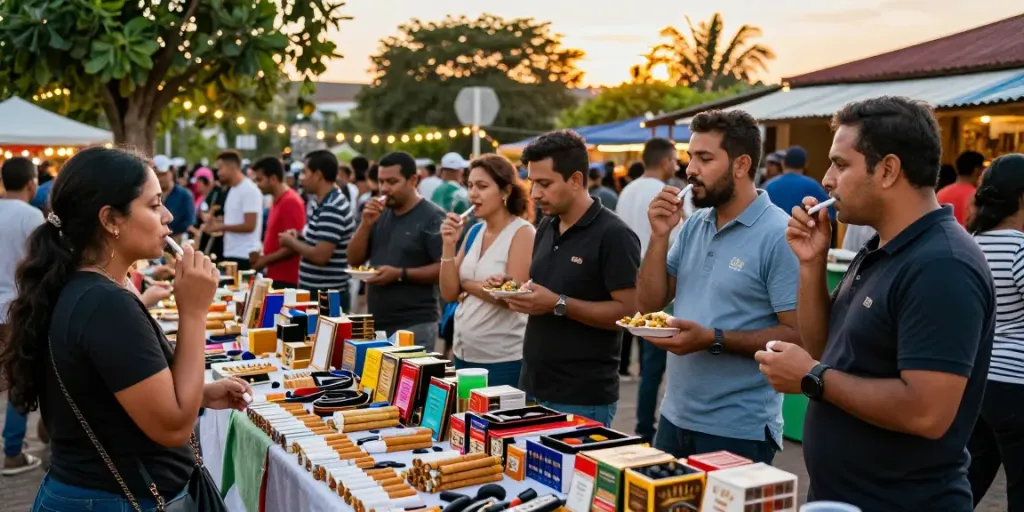 Suasana pasar luar ruangan yang ramai dengan berbagai jenis rokok dan aksesori merokok, menunjukkan komunitas yang ceria.