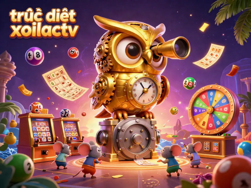 Experience the thrill of trực tiếp xoilactv with a lively scene of a golden owl and mouse patrons in a bustling casino atmosphere.