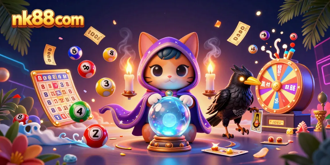 Experience vibrant casino excitement with nk88 com, featuring fortune teller cat and raven in action.