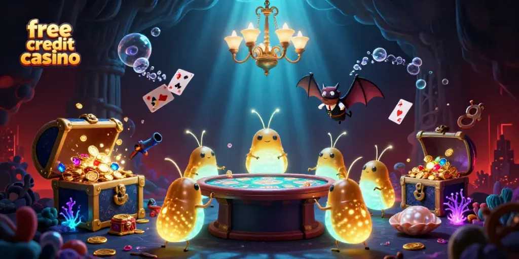 Experience the excitement of a free credit casino illuminated by glowworms in a captivating underwater scene.