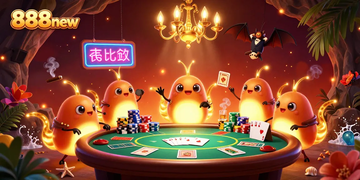 Engage with the vibrant atmosphere of 888new's casino, illuminated by glowworms at a poker table.