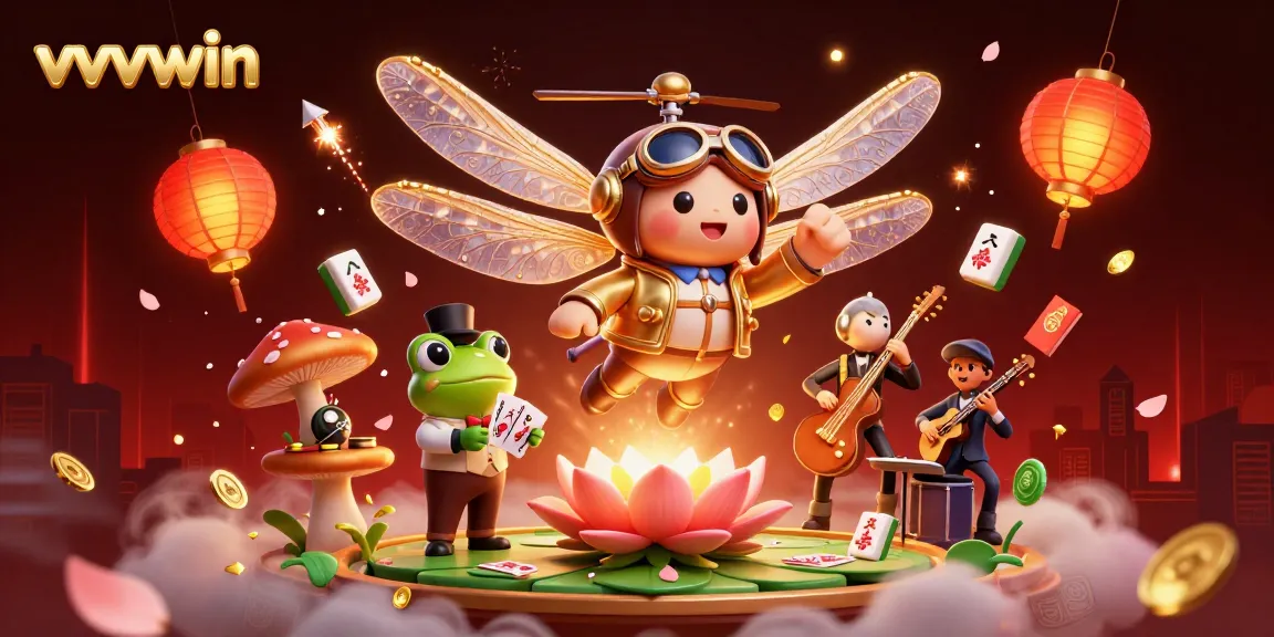 Join the excitement at vvvwin where a dragonfly pilot and frog croupier deal cards in a vibrant casino.