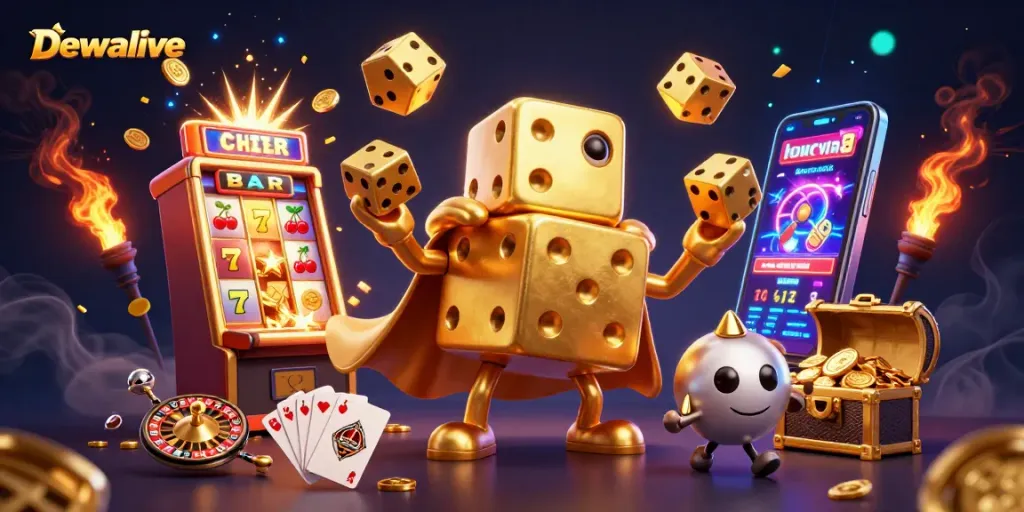 Dewalive showcases a vibrant 3D illustration of a golden dice golem juggling casino elements in a lively gaming scene.