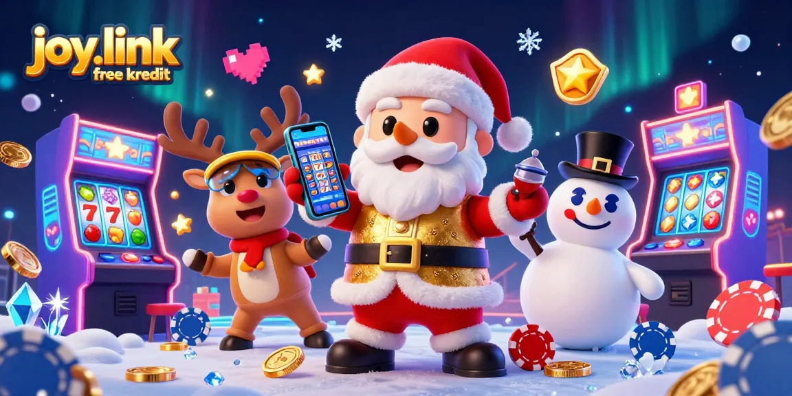 Celebrate wins at joy.link free kredit with Santa and friends in a bustling gaming scene!