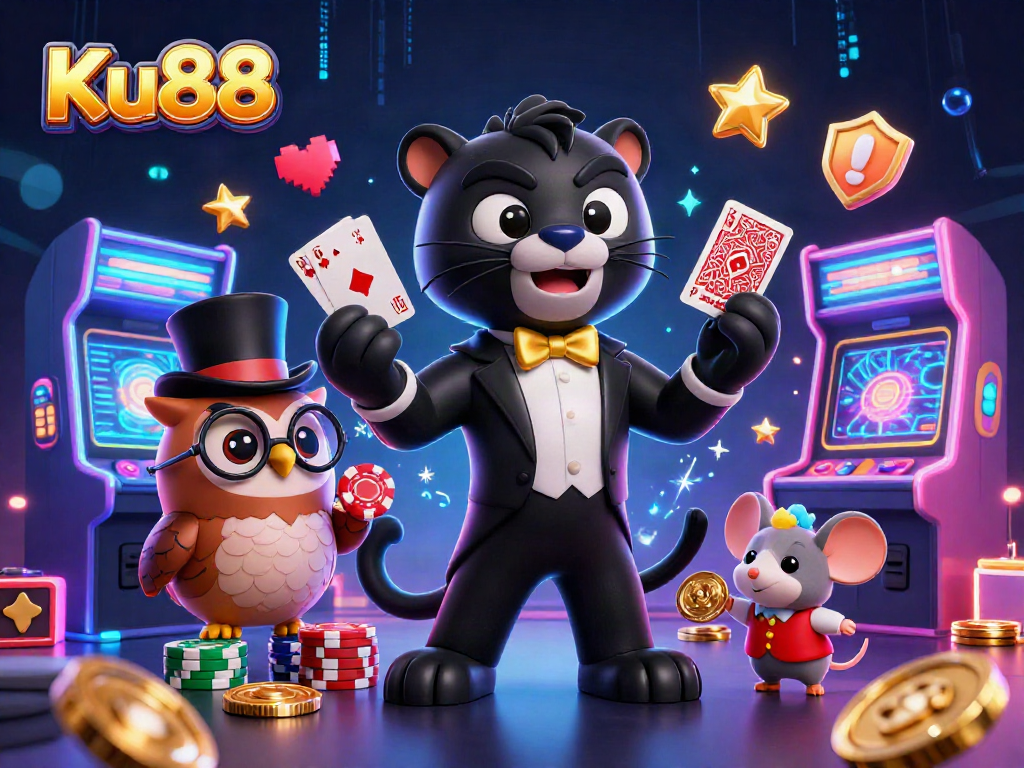 Experience thrilling gameplay and instant wins with Ku88 in this vibrant casino-themed illustration.