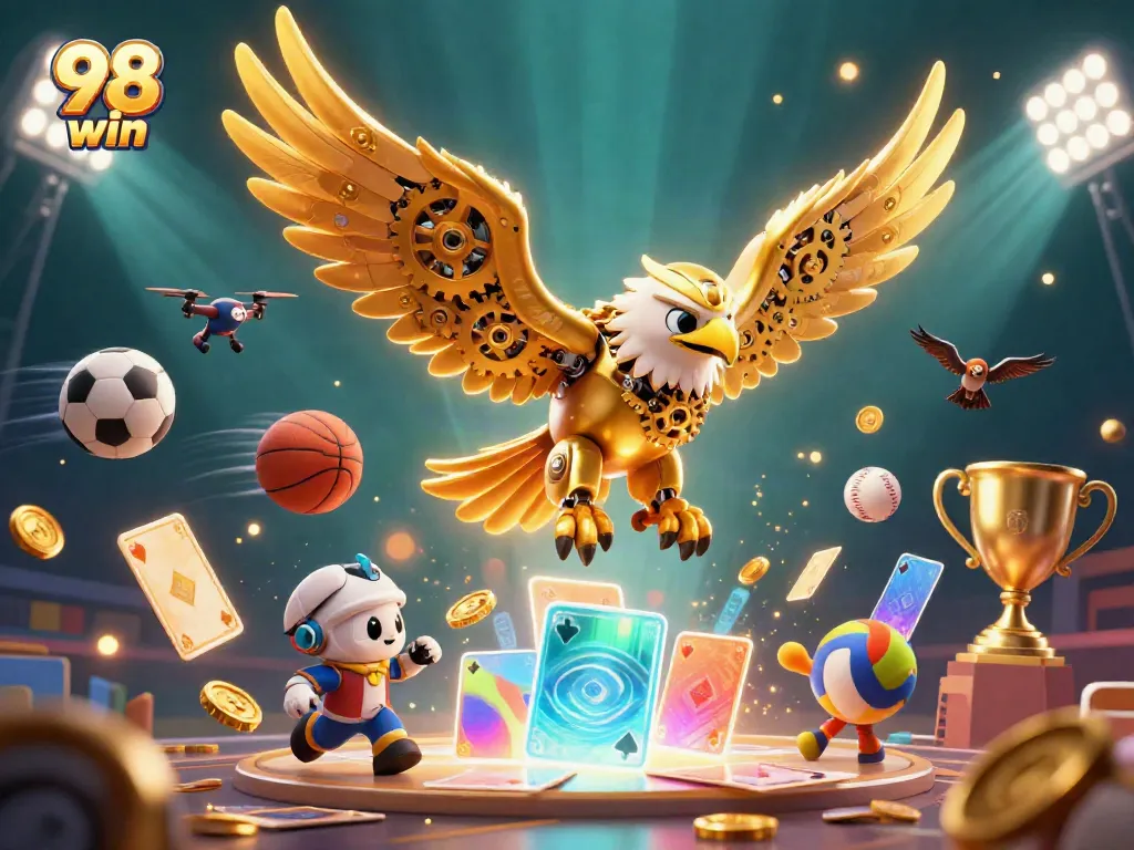 Experience the thrill of gaming with 98 win illustrated by a golden eagle diving through playing cards.