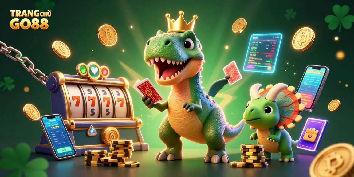 Spin the reels at TRANG CHỦ GO88 while enjoying a vibrant 3D casino scene filled with characters and gaming elements.