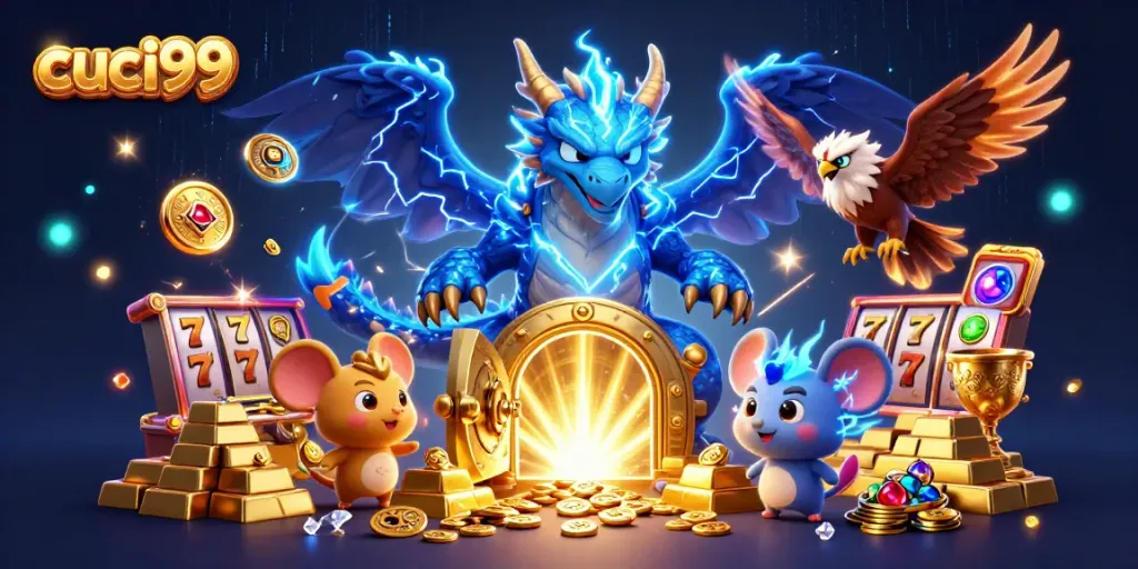 Engage with thrilling games at cuci99, featuring electric dragon mascots and slot elements in a vibrant 3D scene.