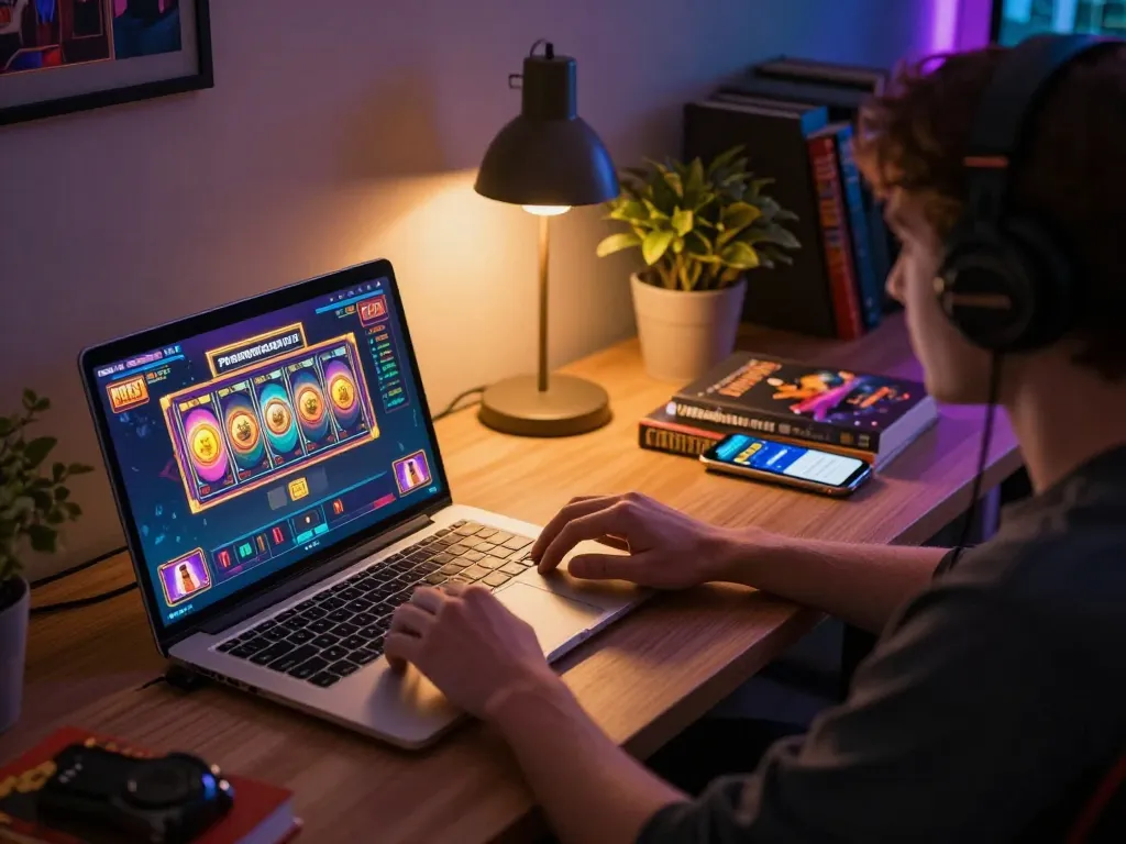 Engaging player enjoying Pragmaticplay slot games on a cozy online setup with colorful screen display