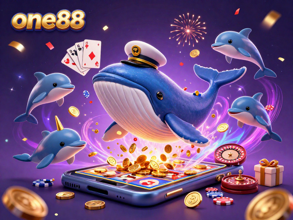 one88 offers thrilling online casino entertainment with a whale and playful dolphins celebrating with poker chips.