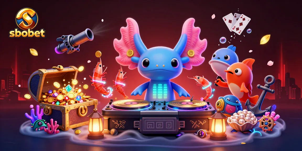 SboBet offers exciting underwater betting experiences with vibrant characters and jewels in a casino-themed illustration.