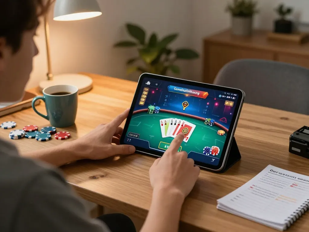 Player engaging in gamebaidoithuong on tablet, showcasing strategic poker gameplay in a cozy home office