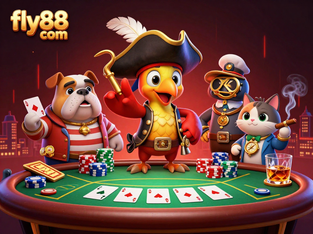 Experience the thrill of poker with fly88 com featuring vibrant characters and casino elements.