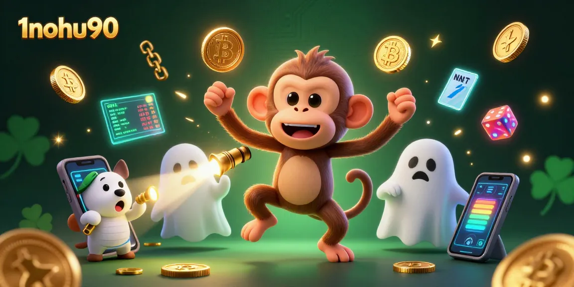 Engage with the thrilling atmosphere of 1nohu90, where a mischievous monkey juggles glowing coins in a haunted casino scene.
