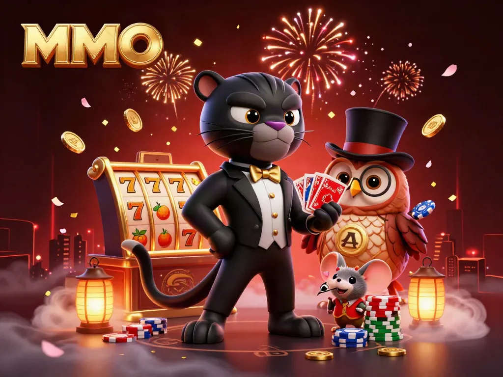 MMOO gaming scene with a tuxedo panther, chip-holding owl, and lucky mouse amidst vibrant slot machine elements.