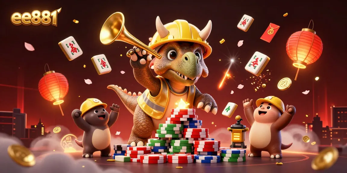 ee881 illuminates the excitement of gaming, featuring a festive triceratops amidst lively casino elements.