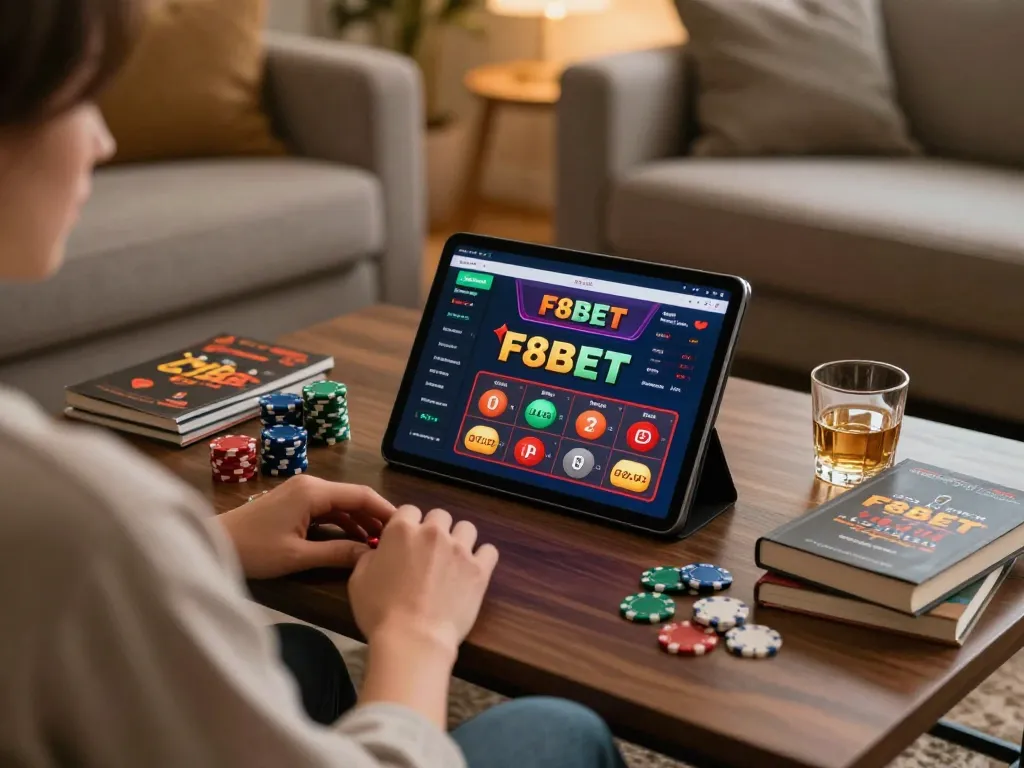 Engaging online gambling session on F8BET app, showcasing a cozy home environment with strategic elements.
