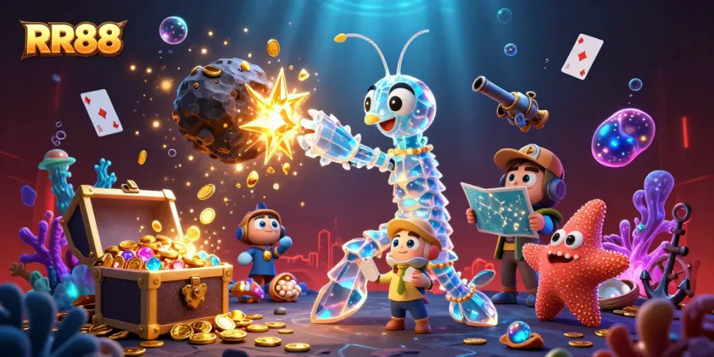 Engage with RR88 in a vibrant 3D scene of a galactic samurai mantis shrimp transforming an asteroid into golden gems, symbolizing casino excitement.