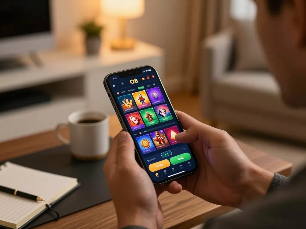 Player engaging with O8 app for online gaming, showcasing vibrant game options on smartphone