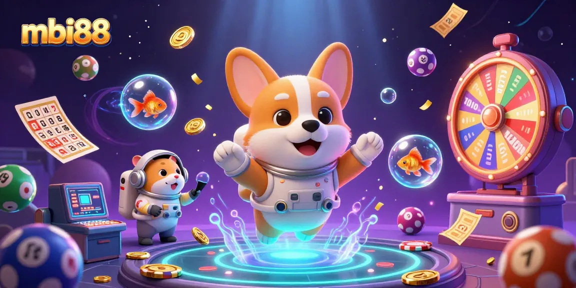 Experience vibrant gaming action at mbi88 with an astronaut corgi in a lively casino scene.