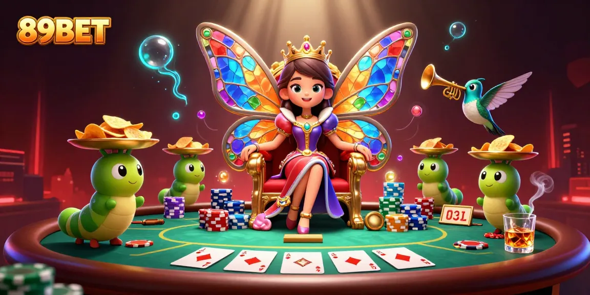 Experience thrilling moments with 89BET’s colorful poker scene showcasing a butterfly queen and chips.