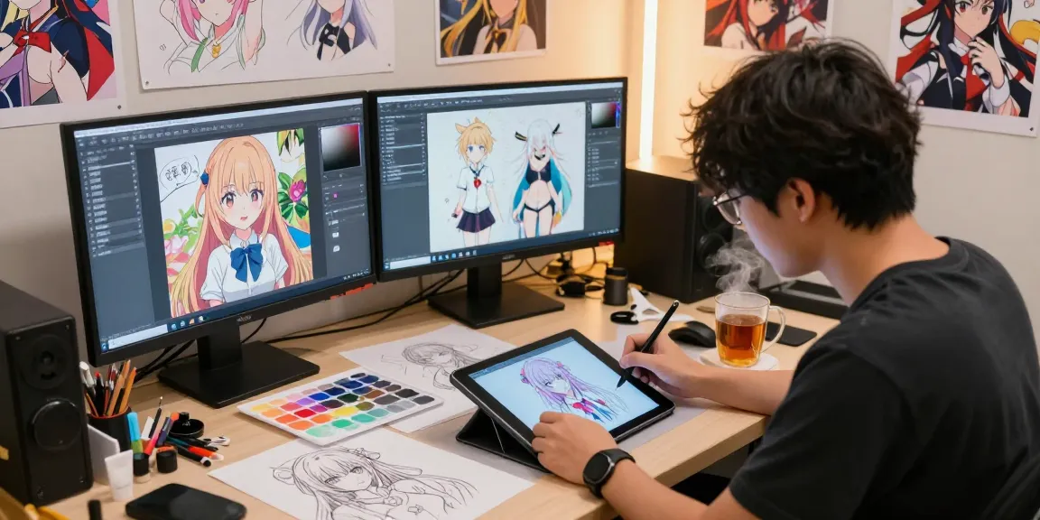 Dynamic artist creating an AI ecchi character in a vibrant digital studio, showcasing creativity and technology in 2026.