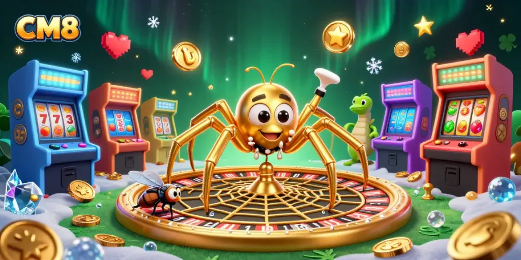 Engage with CM8 slots as a golden spider spins a roulette web in vibrant, dynamic casino illustration.