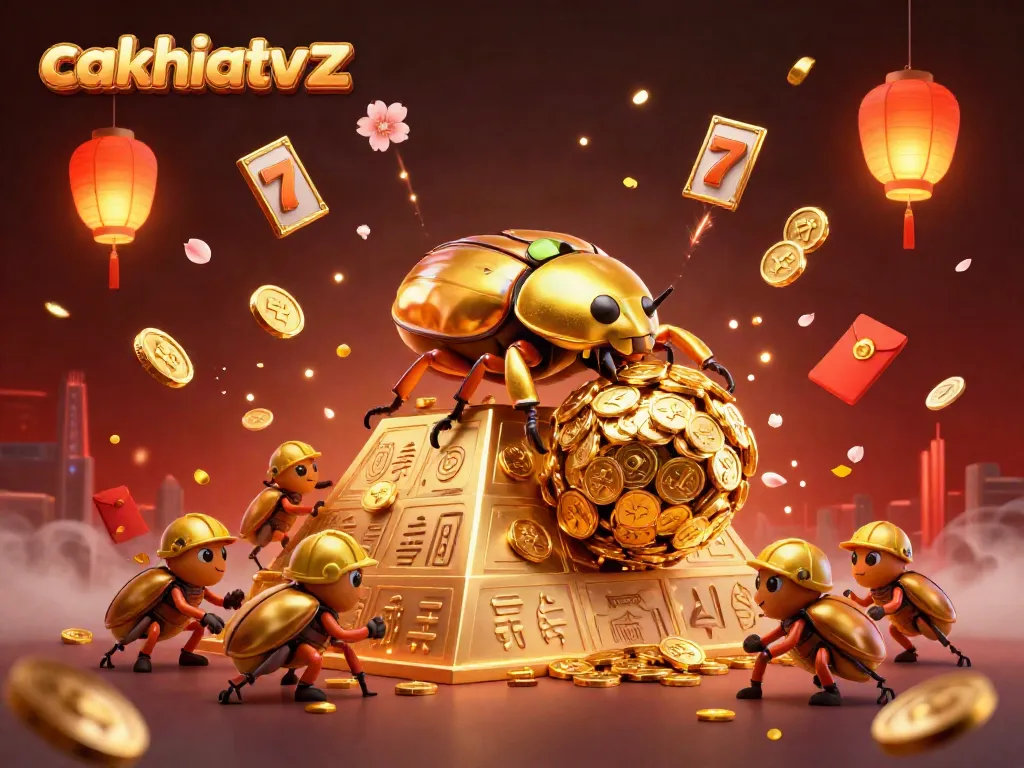 Experience seamless thrills with cakhiatv z, showcasing massive golden beetles amidst vibrant casino symbols.