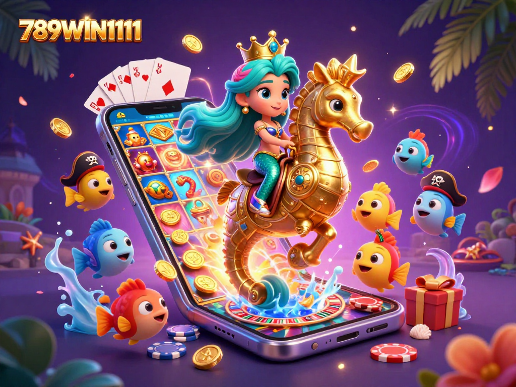 Experience the vibrant world of 789WIN1111 with a cartoon mermaid and seahorse amid colorful slots and casino icons.